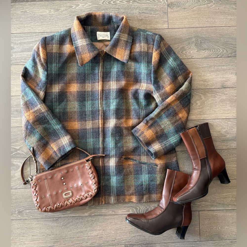 Vintage Plaid Pea Coat in Teal, Brown & Mustard - Picture 10 of 10